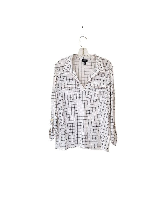 Jones New York Tops - Jones New York Windowpane Pattern Long Sleeve Blouse Roll-Tab Sleeves Chest Pock